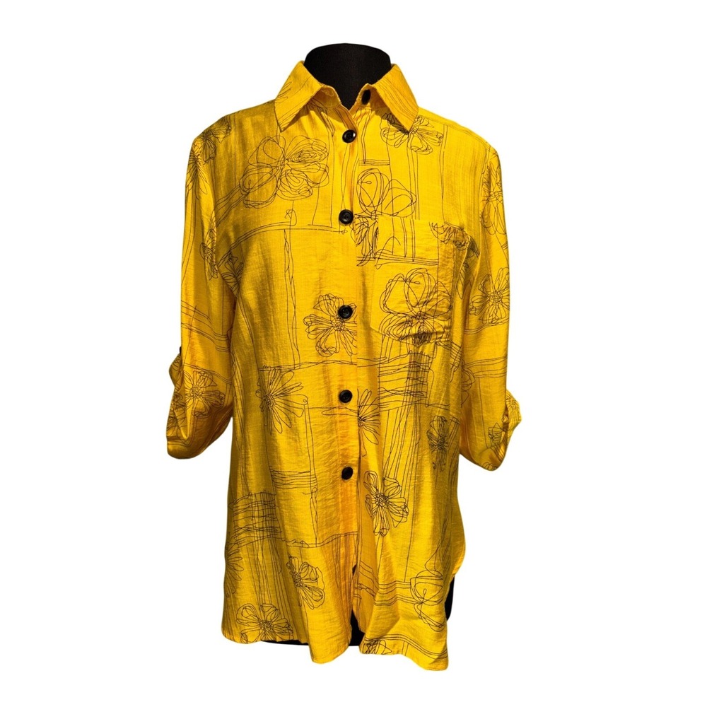 Bright Yellow Floral Print Button Down Blouse By Shana Apparel Size Medium‎ NWT
